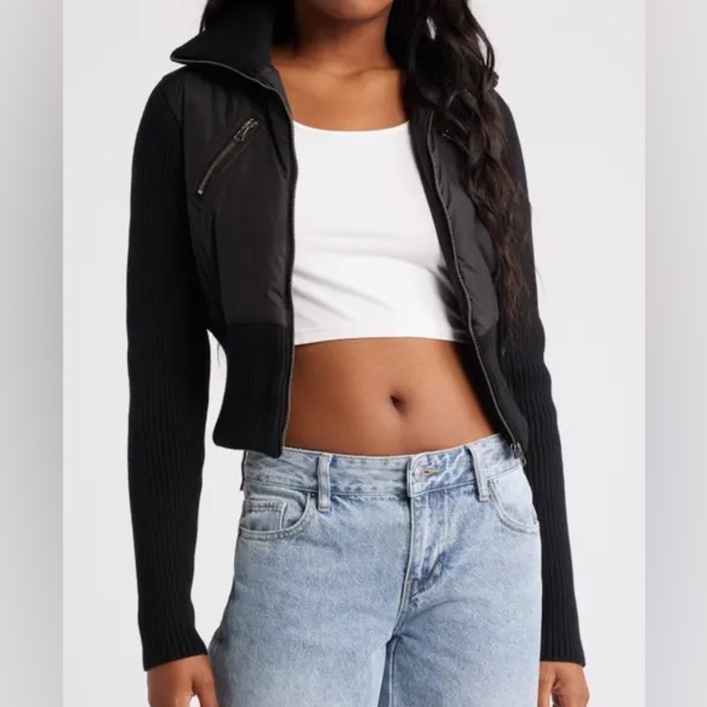 Stella Tweed Black Bomber Jacket with Ribbed Sleeves & Zipper Accents